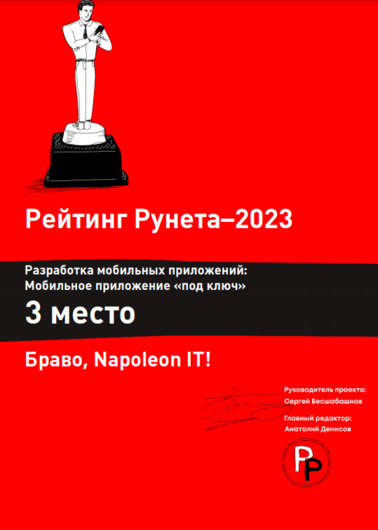 Компания Napoleon IT стала 3&nbsp;среди агентств, специализирующихся на&nbsp;разработке мобильных приложений «под&nbsp;ключ», в&nbsp;Рейтинге Рунета 2023